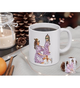 BK Gift Kişiye Özel Tam Boy Anne ve Kız Karikatürlü Beyaz Kupa Bardak-1