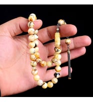 925 Ayar Mineli Çift Renk Gümüş Püsküllü Küre Kesim Damla Kehribar Tesbih