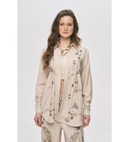 Kadın Oriental Kuş Ve Çiçek Boncuk İşlemeli Oversize Gömlek (Açık Bej)