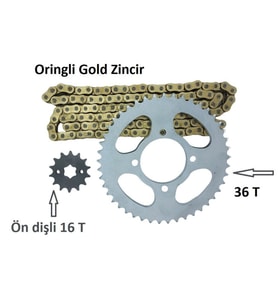 Cbf 150,Cb 125E,Cb 125F Performans Zincir Dişli Takımı Arka 36T -Ön 16T Oringli Zincir _Supermoto (Renksiz)