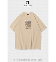Unisex Kadın Erkek Myra Adalia Baskılı Özel Tasarım Oversize T-shirt (Bej)