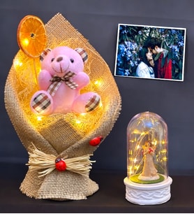 Size Özel Fotoğraflı Set  Işıklı Pembe Ayıcık Buketi & Işıklı Şans Melekli Fanus