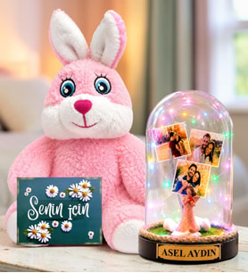 Kişiye Özel 3 Fotoğraflı Renkli LED Işıklı Fanus(şans melekli) ve Sevimli Peluş Tavşan Sevgiliye Hediye Kadına Hediye