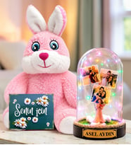 Kişiye Özel 3 Fotoğraflı Renkli LED Işıklı Fanus(şans melekli) ve Sevimli Peluş Tavşan Sevgiliye Hediye Kadına Hediye