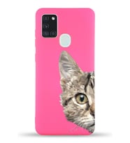 Samsung Galaxy A21s Uyumlu Lansman Kılıf Catface Tasarımlı İçi Kadife Kapak-Neon Pembe (Şeffaf)