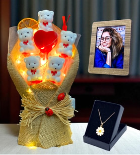 Kişiye Özel Led Işıklı Ayıcıklı Buketi ve Papatya Kolye Hediye Seti - Premium Set