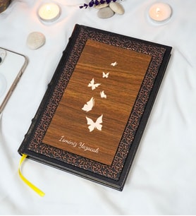 Kelebek Desenli Termo Deri + Ahşap Anı Defteri - Çizgili Defter - Hediyelik (17x24 cm- 320 Sayfa)