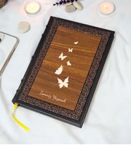 Kelebek Desenli Termo Deri + Ahşap Anı Defteri - Çizgili Defter - Hediyelik (17x24 cm- 320 Sayfa)
