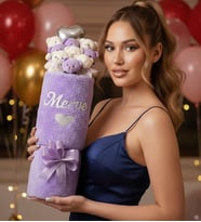 Kişiye Özel İsim Yazılı Lila Peluş Vazo Tasarım Kalp Balonlu 9'lu Ayıcık Buketi Kıza Eşe Sevgiliye Hediye Doğum Günü Hediyesi