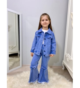 MODAVALS FİYONK DETAYLI İSPANYOL PAÇA KOT PANTOLON & KOT CEKET & BADİ KIZ ÇOCUK KOMBİN