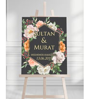 Söz Nişan Düğün İçin 50x70 Karşılama Panosu - Siyah ve Beyaz Gül Tasarımlı