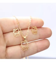 925 Ayar Gümüş Kişiye Özel Hello Kitty Küpe Kolye Seti (Gold)