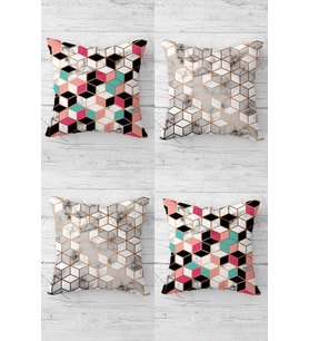 Geometrik Balpeteği Desenli Gizli Fermuarlı Kırlent Kılıfı Koltuk Yastık Kılıfı Takım(4adet) (Pembe)