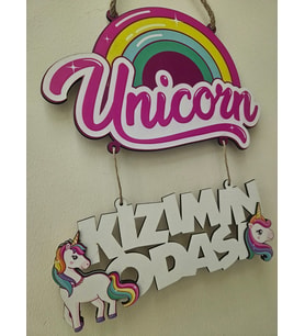 Unicorn Temalı Çocuk Odası Kapı Duvar Süsü Kızımın Odası Kapı Süsü