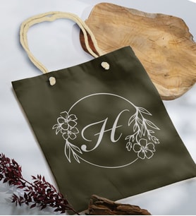 BK Gift Kişiye Özel Harfli Haki Halat Saplı Kumaş Bez Çanta-5, Baskılı Omuz Çantası, Alışveriş Çantası