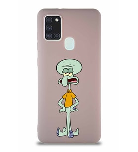 Samsung Galaxy A21S Soft Premier Kapak Squidward Dokunaç Tasarımlı Silikon Kılıf - Pudra (Şeffaf)