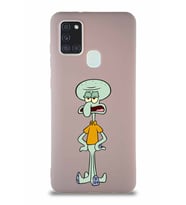 Samsung Galaxy A21S Soft Premier Kapak Squidward Dokunaç Tasarımlı Silikon Kılıf - Pudra (Şeffaf)