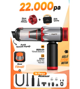 MATT MCV22 Şarjlı Araç Süpürgesi Kırmızı 22.000Pa Güçlü Vakumlu Mini Type-C Şarjlı 220ML