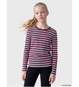LCW Kids Bordo Bisiklet Yaka Çizgili Kız Çocuk Tişört