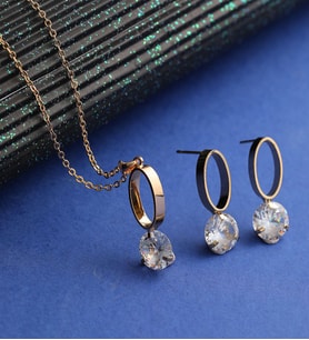 BK Gift Tek Taş Oval Tasarımlı Gold Renk Çelik Kolye ve Küpe Seti, Sevgiliye Hediye, Yıldönümü Hediyesi