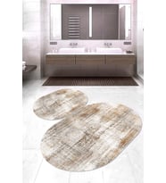 Dijital Baskılı Kaymaz Taban Yıkanabilir Oval 2'li Klozet Takımı Banyo Paspası NOKZ-HY-1284 (Bej)