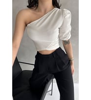 Tek Omuz Prenses Kol Crep Bluz - BEYAZ - S