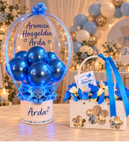 Anne ve Erkek Bebeğe Hediye Seti – Kişiye Özel İsimli Led Işıklı Bobo Balon, Peluş Ayıcıklar ve Işıklı Kelebek Sepeti Bebek Hediyesi