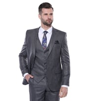 Çizgili Slim Fit Gri Yelekli Takım Elbise  Wessi - Wessi