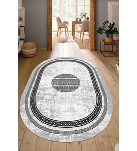 Dijital Baskılı Kaymaz Taban Yıkanabilir Oval Salon Halısı Mutfak Halısı Yolluk NDO-SD-1081 (Gri)