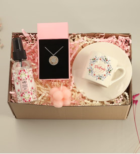 Kişiye Özel İsimli Baskılı Fincan & Bubble Mum & Gümüş Renk Zirkon Taşlı Yuvarlak Baget & Japon Kirazı Çiçeği Kolonyası