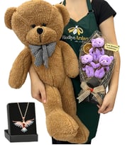 Kişiye Özel 3'lü Peluş Ayıcık Buketi, Renkli Anka Kuşu Kolye ve Kahverengi Peluş Ayıcık (Model 5)