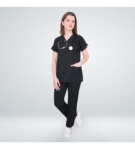 Unisex Siyah Likralı Scrubs Cerrahi Doktor Hemşire Hastane Aşçı Üniforma Takımı
