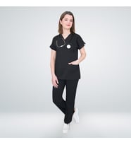 Unisex Siyah Likralı Scrubs Cerrahi Doktor Hemşire Hastane Aşçı Üniforma Takımı