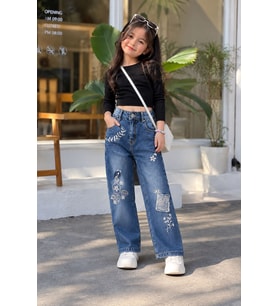 Kız Çocuk Çiçek Nakışlı Bol Paça Denim Pantolon - Mavi