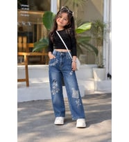 Kız Çocuk Çiçek Nakışlı Bol Paça Denim Pantolon - Mavi