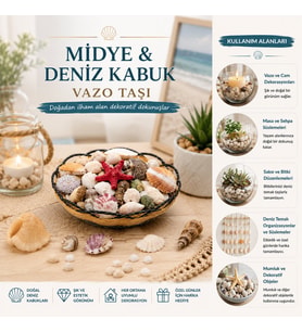 AHŞAP YUVARLAK SEPET - FİLELİ RENKLİ MİX MİDYE - DENİZ KABUK VAZO TAŞI (5343)