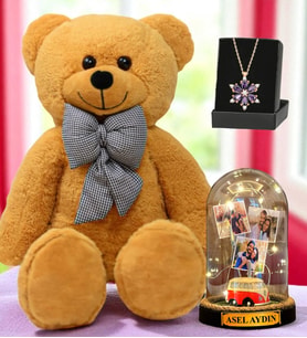 Büyük Boy Kahverengi Peluş Ayıcık, Size Özel Led Işıklı Fanus ve Gerçek Ametist Taşlı Lotus Kolye (Model 6)