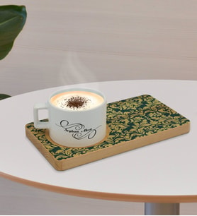 BK Gift Kişiye Özel Retro Motif Tasarımlı Doğal Ahşap Tabaklı Seramik Fincan Sunum Seti  Model 8