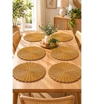 Atbyhome 6'lı Rattan Yuvarlak Supla 36 cm - Bohem Örgü Amerikan Servisi Ve Dekoratif Tabak Altlığı Seti