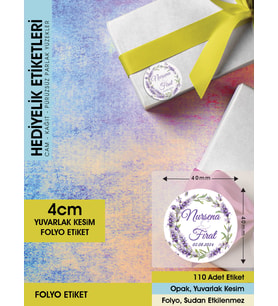 Sulu Boya Lavanta Çiçeği Modeli Düğün, Hediyelik Etiketi 4cm - 110 Adet Folyo Sticker