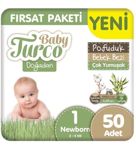 Baby Turco Doğadan 1 Beden Pofuduk Bebek Bezi Fırsat Paketi 50 Adet