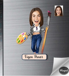Kişiye Özel Ressam Kadın Ahşap Magnet -1