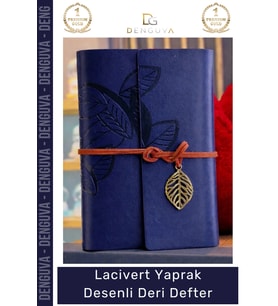 #Ajanda Nostaljik Antik Tasarım Prestijli Hediye Günlük Lacivert Yaprak Desenli Deri Defter