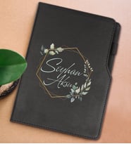 BK Gift Kişiye Özel Çiçek Tasarımlı Siyah Termo Deri Not Defteri 15x21cm-11