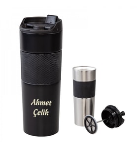 Wings French Press Mat Siyah İsme Özel Çelik Termos 450ml.  304 Paslanmaz Çelik - Kaydırmaz Taban - Süzgeçli - Kilitli Bardak Kapak - Sızdırmaz (Karışık)