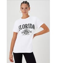 Kadın %100 Pamuk Beyaz Florida Baskılı T-shirt 2731