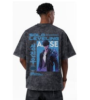 Solo Leveling Arise Anime Baskılı Unisex Oversize Eskitme Yıkamalı Tişört