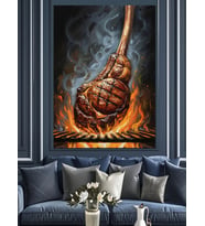 Ateş Üzerinde Pişen Büyük Tomahawk Et Dekoratif Kanvas - Mdf Ahşap Tablo