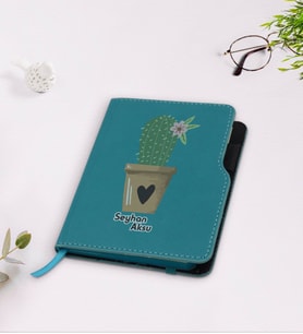 BK Gift Kişiye Özel Kaktüs Tasarımlı Turkuaz Termo Deri Defter-6