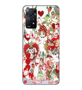 Redmi Note 11 Pro Uyumlu Çilek ve Kediler Tasarımlı Şeffaf Telefon Kılıfı